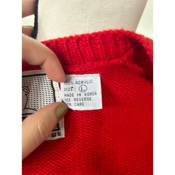 Vintage 90s Red V-Neck Velvet Tartan Scottie Dog Sweater Christmas Holiday Ugly - Picture 4 of 7